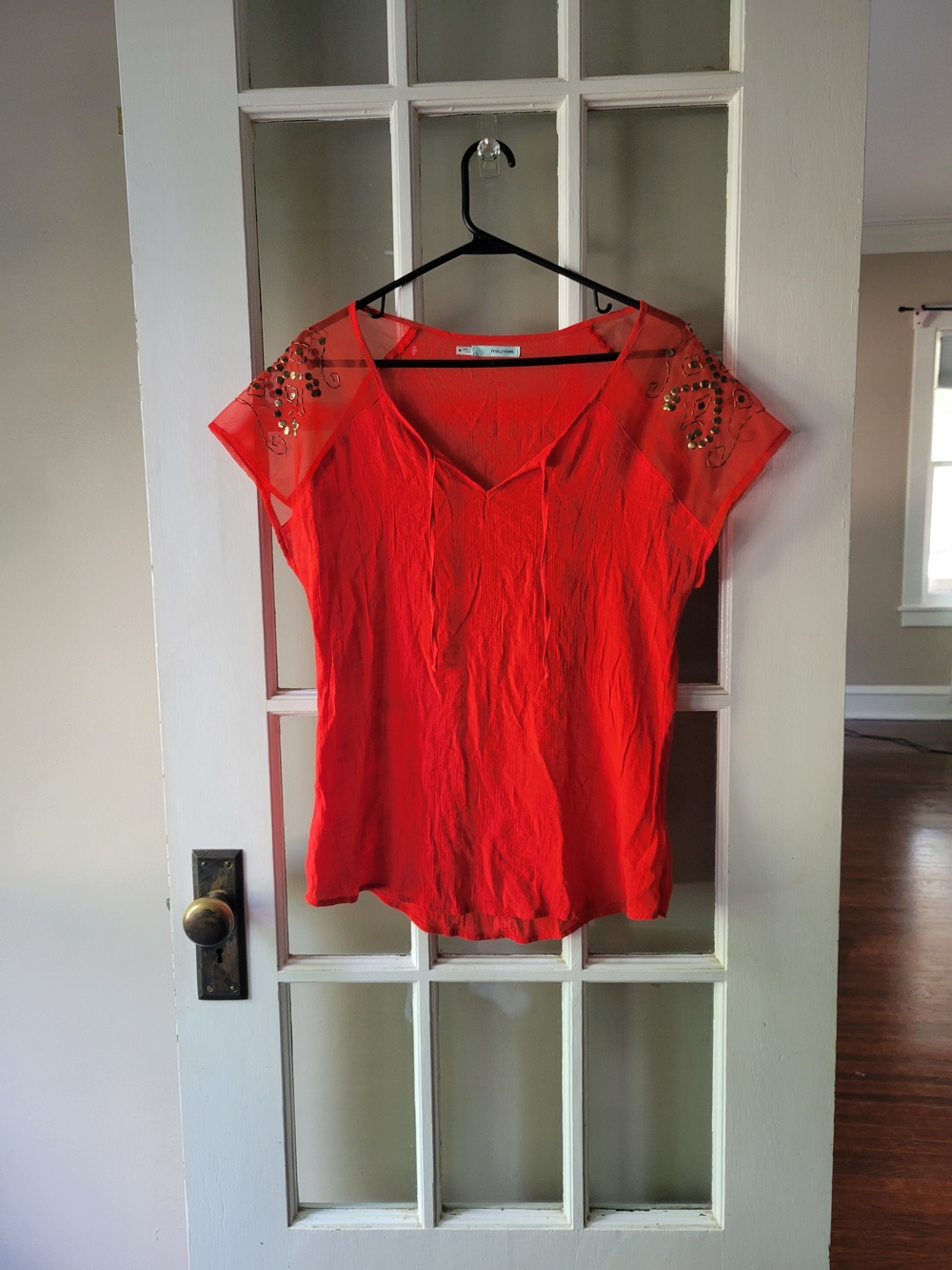 Embellished Red Women's V-Neck Top